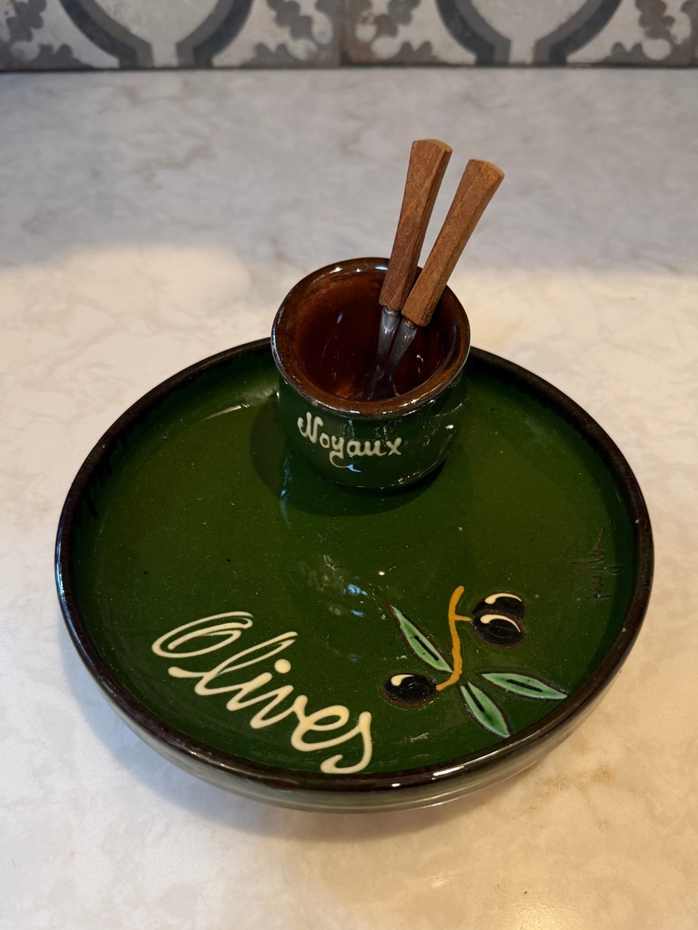VINTAGE POTTERY- Green Olive Serving Dish with Tooth Pick Cup & Wooden Forks